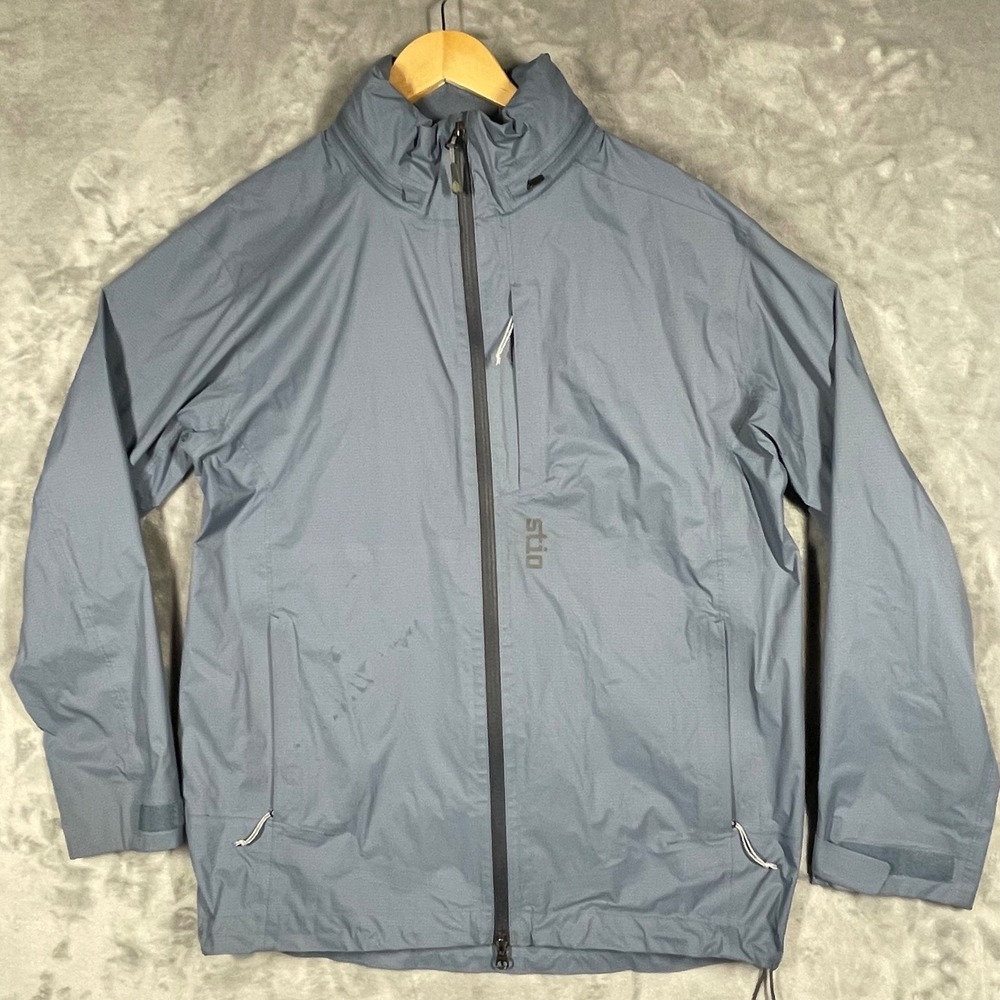 Stio Mens Pertex Shield Rain Jacket Blue Gray Stowable Hood Ripstop Shell Medium
